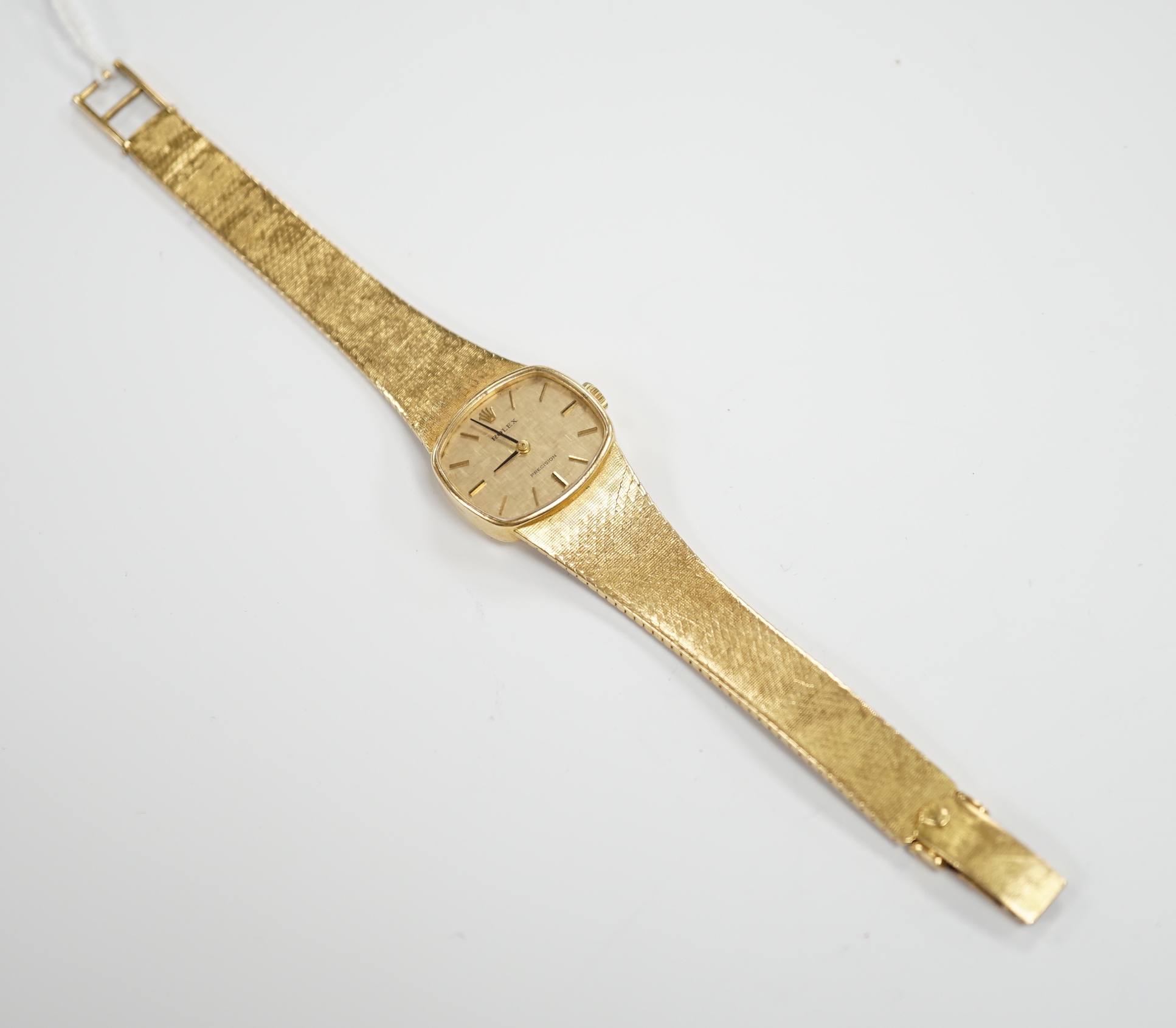 A lady's early 1970's 18ct gold Rolex Precision manual wind dress wrist watch, on integral 18ct gold Rolex bracelet